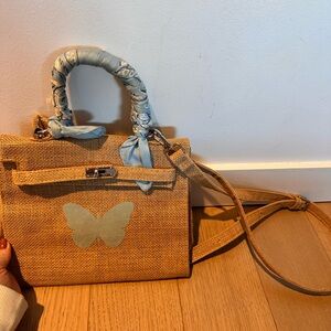Raffia Butterfly Crossbody Bag with Bandana Strap
